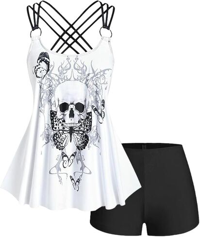 ROSE GAL Plus Size Women Gothic Two Piece Tankini Swimsuits 2 Piece Strappy Skulls Tummy Control Bathing Suits in Saudi Arabia