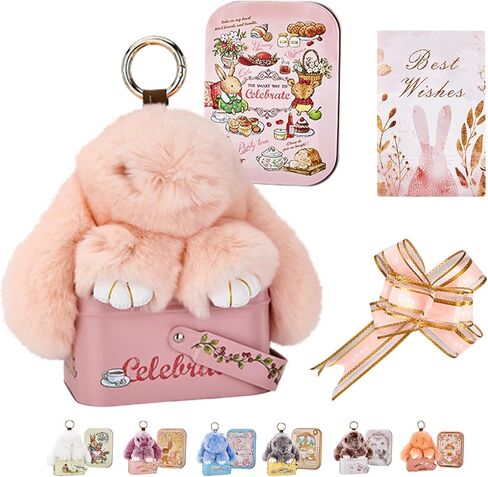 Bunny Keychain with Tin Box Soft Fluffy Handmade Rabbit Keychain with Best Wishes Card & Ribbon Bag Charm in Saudi Arabia