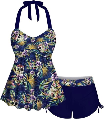 Rosegal Women Plus Size Goth Two Piece Tankini Set Skull Rose Flower Halter Swimsuits in Saudi Arabia