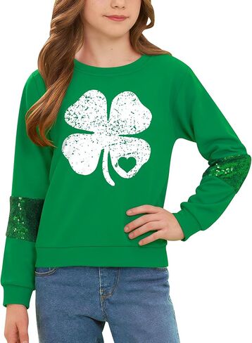 Girls St.Patrick's Day Sweatshirt Shamrock Irish Print Sequin Sleeves Shirt 4-14 Years in Saudi Arabia