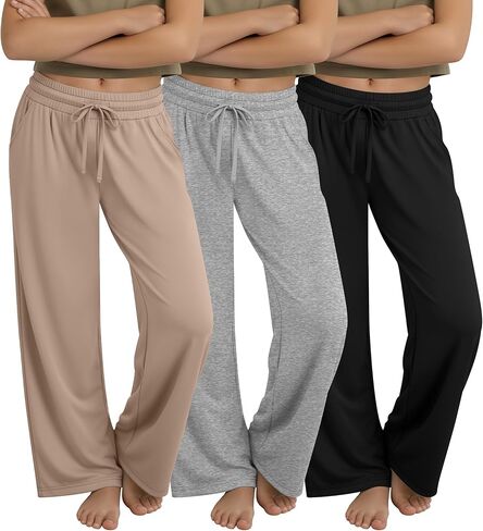 3 Pack Girls' Wide Leg Sweatpants with Pockets Drawstring Baggy Lounge Pants Kids Loose Workout Athletic Soft Pant in Kuwait