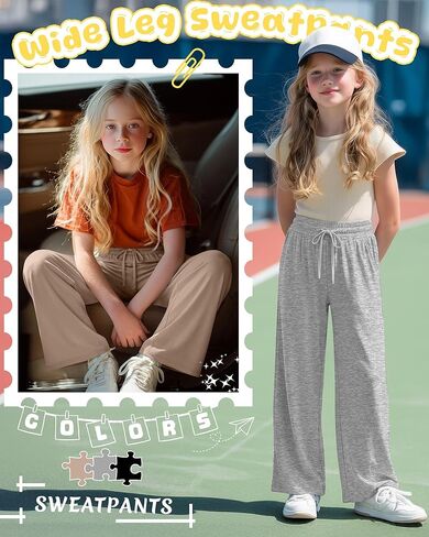3 Pack Girls' Wide Leg Sweatpants with Pockets Drawstring Baggy Lounge Pants Kids Loose Workout Athletic Soft Pant in Kuwait