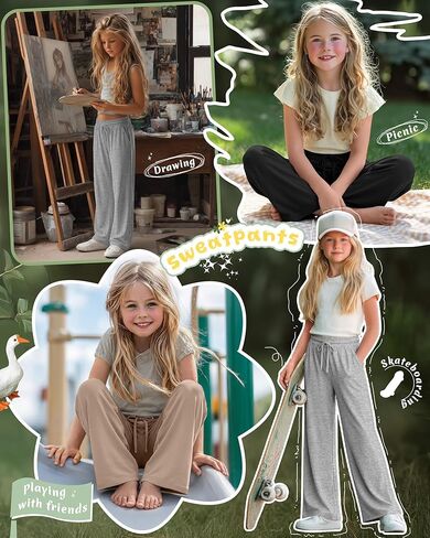 3 Pack Girls' Wide Leg Sweatpants with Pockets Drawstring Baggy Lounge Pants Kids Loose Workout Athletic Soft Pant in Kuwait