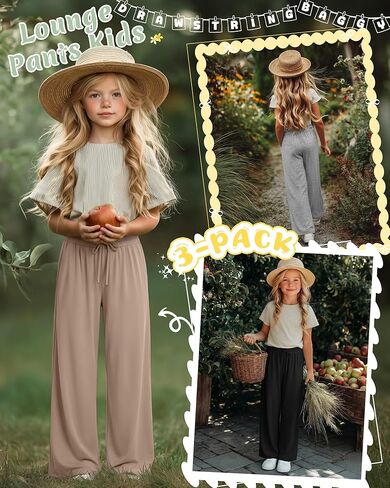 3 Pack Girls' Wide Leg Sweatpants with Pockets Drawstring Baggy Lounge Pants Kids Loose Workout Athletic Soft Pant in Kuwait