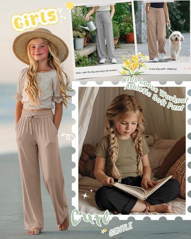 3 Pack Girls' Wide Leg Sweatpants with Pockets Drawstring Baggy Lounge Pants Kids Loose Workout Athletic Soft Pant in Kuwait