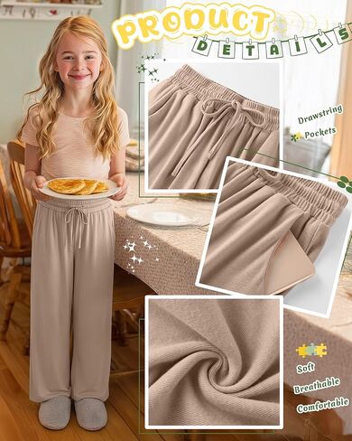 3 Pack Girls' Wide Leg Sweatpants with Pockets Drawstring Baggy Lounge Pants Kids Loose Workout Athletic Soft Pant in Kuwait