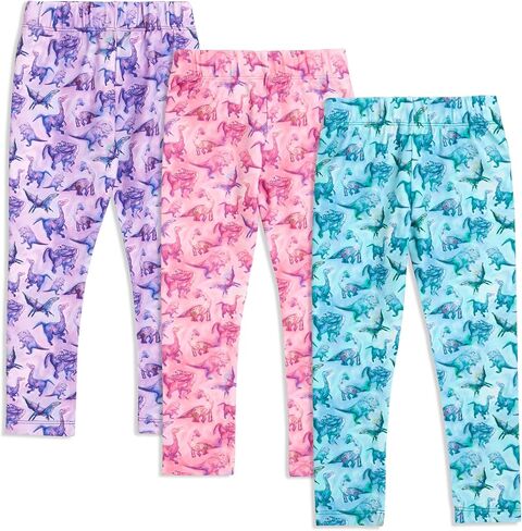 Girls Dinosaur Leggings 3-Pack – Soft Sensory-Friendly Girls Leggings – Pink, Purple & Blue – Size 7-8 in Saudi Arabia