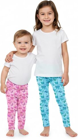 Girls Dinosaur Leggings 3-Pack – Soft Sensory-Friendly Girls Leggings – Pink, Purple & Blue – Size 7-8 in Saudi Arabia