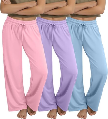 3 Pack Girls' Wide Leg Sweatpants with Pockets Drawstring Baggy Lounge Pants Kids Loose Workout Athletic Soft Pant in Kuwait