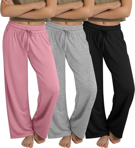 3 Pack Girls' Wide Leg Sweatpants with Pockets Drawstring Baggy Lounge Pants Kids Loose Workout Athletic Soft Pant in Kuwait