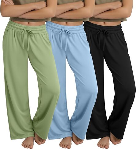3 Pack Girls' Wide Leg Sweatpants with Pockets Drawstring Baggy Lounge Pants Kids Loose Workout Athletic Soft Pant in Kuwait