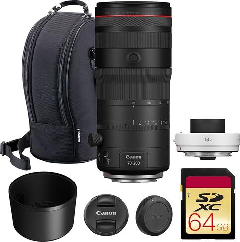 Canon RF 70-200mm f/2.8 L هو عدسة USM Z-تكبير تليفونيل مضغوط مع تثبيت الصورة للتصوير والرياضة والتصوير الفوتوغرافي (6594C002) + Canon Extender RF 1.4x + 64GB بطاقة ذاكرة in Kuwait