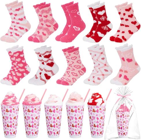 Funtery Galentine's Day Fuzzy Socks Gifts for Women Bulk Valentine Party Stuffers Pink Heart Cup Sock Gift in Saudi Arabia