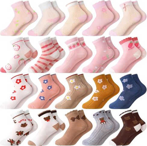 Bencailor 20 Pairs Girls Cartoon Pattern Crew Socks Cute Patterns Ruffle Crew Cotton Cute Socks for Kids Toddler Girls in Saudi Arabia