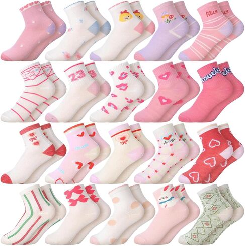 Bencailor 20 Pairs Girls Cartoon Pattern Crew Socks Cute Patterns Ruffle Crew Cotton Cute Socks for Kids Toddler Girls in Saudi Arabia