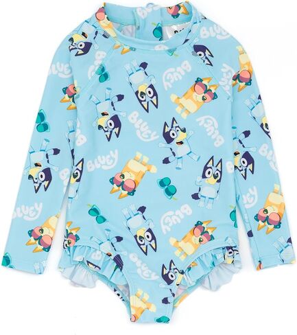 Bluey & Bingo Girls Swimsuit | Blue All-in-One Beachwear Swimming Costume | Long Sleeve Bodysuit with Frill Hem | Cute Logo in Saudi Arabia