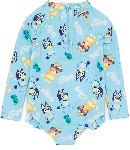Bluey & Bingo Girls Swimsuit | Blue All-in-One Beachwear Swimming Costume | Long Sleeve Bodysuit with Frill Hem | Cute Logo in Saudi Arabia