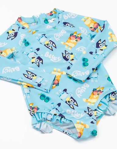 Bluey & Bingo Girls Swimsuit | Blue All-in-One Beachwear Swimming Costume | Long Sleeve Bodysuit with Frill Hem | Cute Logo in Saudi Arabia
