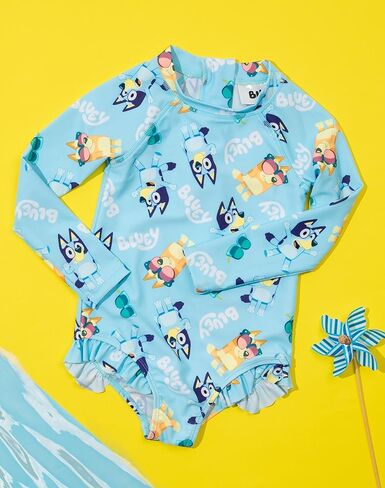 Bluey & Bingo Girls Swimsuit | Blue All-in-One Beachwear Swimming Costume | Long Sleeve Bodysuit with Frill Hem | Cute Logo in Saudi Arabia