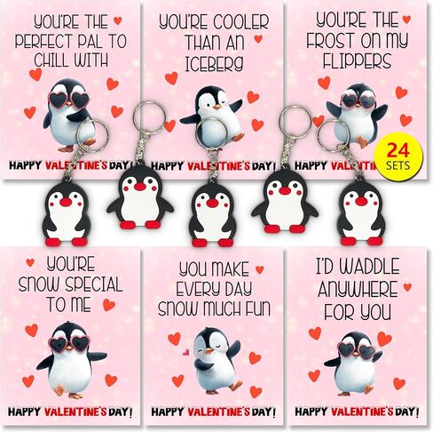 Valentines Day Gifts for Kids Classroom Penguins Keychain, Funny Keyrings with Cards for School Exchange, 24 Sets in Saudi Arabia