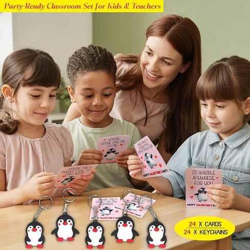 Valentines Day Gifts for Kids Classroom Penguins Keychain, Funny Keyrings with Cards for School Exchange, 24 Sets in Saudi Arabia