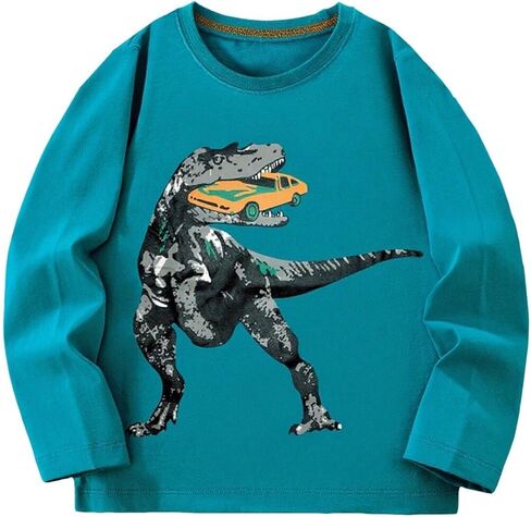 Boys' Long Sleeve T-Shirt, Dinosaur Eating Car Graphic Crewneck Pullover for 3-8 Years in Saudi Arabia
