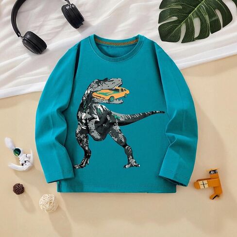 Boys' Long Sleeve T-Shirt, Dinosaur Eating Car Graphic Crewneck Pullover for 3-8 Years in Saudi Arabia