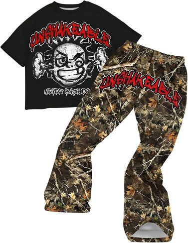 Boy's Y2K Outfits Short Sleeve Star Graphic Tees and Flared Sweatpants 2 Piece Sets in Saudi Arabia