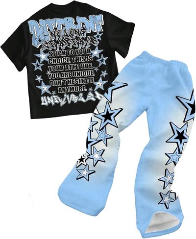 Boy's Y2K Outfits Short Sleeve Star Graphic Tees and Flared Sweatpants 2 Piece Sets in Saudi Arabia