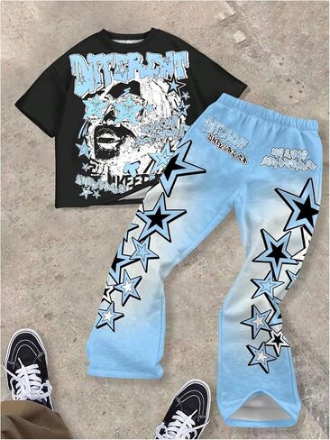 Boy's Y2K Outfits Short Sleeve Star Graphic Tees and Flared Sweatpants 2 Piece Sets in Saudi Arabia