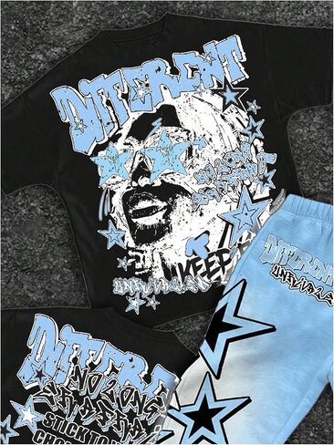 Boy's Y2K Outfits Short Sleeve Star Graphic Tees and Flared Sweatpants 2 Piece Sets in Saudi Arabia