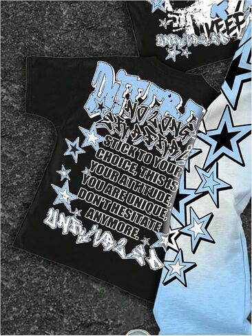 Boy's Y2K Outfits Short Sleeve Star Graphic Tees and Flared Sweatpants 2 Piece Sets in Saudi Arabia