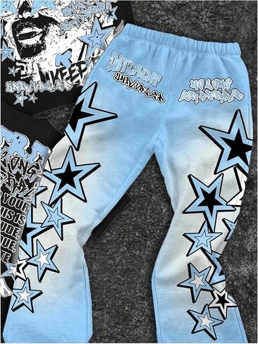 Boy's Y2K Outfits Short Sleeve Star Graphic Tees and Flared Sweatpants 2 Piece Sets in Saudi Arabia