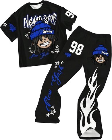 Boy's Y2K Outfits Short Sleeve Star Graphic Tees and Flared Sweatpants 2 Piece Sets in Saudi Arabia