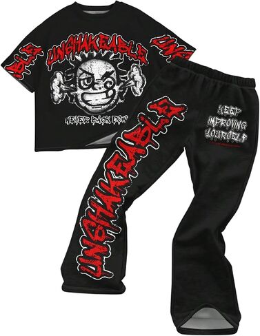 Boy's Y2K Outfits Short Sleeve Star Graphic Tees and Flared Sweatpants 2 Piece Sets in Saudi Arabia