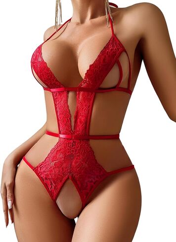 Avidlove Women Deep V Halter Lingerie Teddy Lace Bodysuit One Piece Babydoll Sexy Outfit in Saudi Arabia
