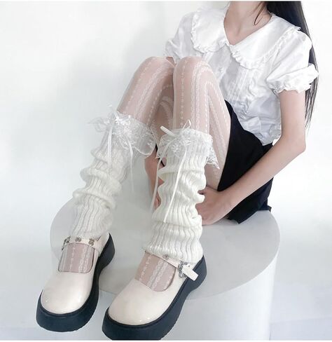 Y2k محبوك تدفئة الساق للنساء الدانتيل أعلى لوليتا Harajuku Bowknot كشكش الطبقات غطاء الساق in Kuwait