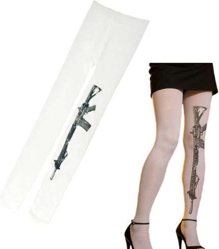 Y2K Gun Print Sheer Tights for Women – Gothic Punk Rock Cosplay Stockings, White Sheer Emo Grunge Legwear in Saudi Arabia
