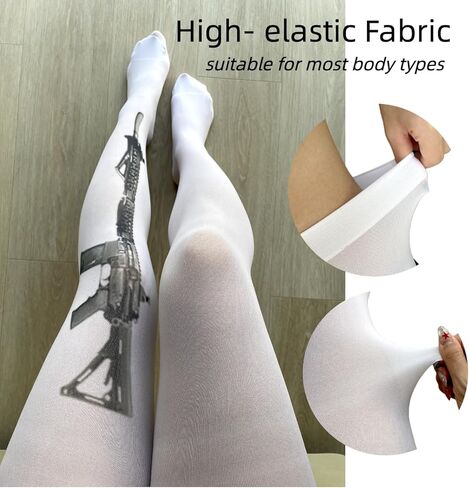 Y2K Gun Print Sheer Tights for Women – Gothic Punk Rock Cosplay Stockings, White Sheer Emo Grunge Legwear in Saudi Arabia