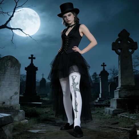 Y2K Gun Print Sheer Tights for Women – Gothic Punk Rock Cosplay Stockings, White Sheer Emo Grunge Legwear in Saudi Arabia