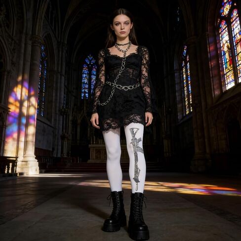 Y2K Gun Print Sheer Tights for Women – Gothic Punk Rock Cosplay Stockings, White Sheer Emo Grunge Legwear in Saudi Arabia