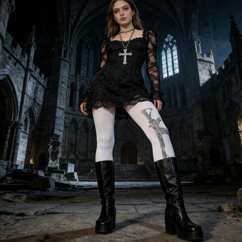 Y2K Gun Print Sheer Tights for Women – Gothic Punk Rock Cosplay Stockings, White Sheer Emo Grunge Legwear in Saudi Arabia
