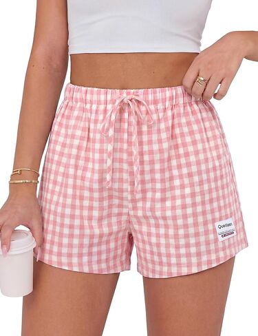 Quenteen Women's Boxer Shorts Summer Gingham Striped Drawstring Plaid Lounge Shorts Y2K Beach Bottoms in Saudi Arabia