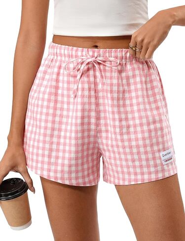Quenteen Women's Boxer Shorts Summer Gingham Striped Drawstring Plaid Lounge Shorts Y2K Beach Bottoms in Saudi Arabia