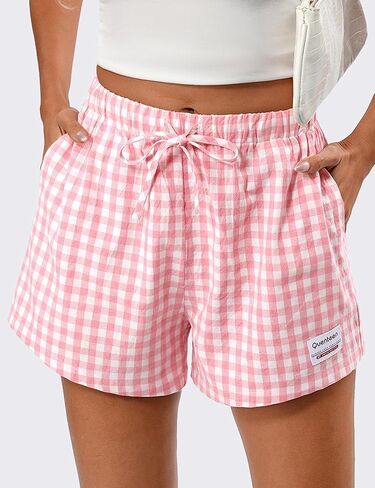 Quenteen Women's Boxer Shorts Summer Gingham Striped Drawstring Plaid Lounge Shorts Y2K Beach Bottoms in Saudi Arabia