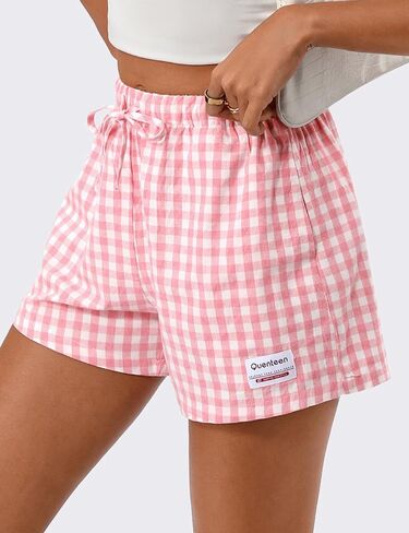 Quenteen Women's Boxer Shorts Summer Gingham Striped Drawstring Plaid Lounge Shorts Y2K Beach Bottoms in Saudi Arabia