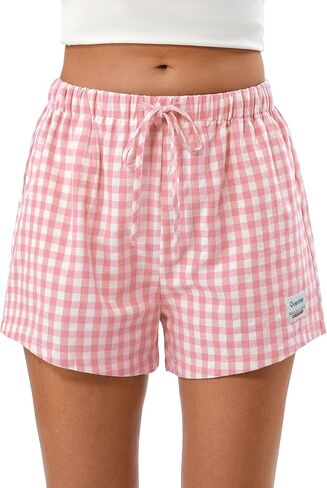 Quenteen Women's Boxer Shorts Summer Gingham Striped Drawstring Plaid Lounge Shorts Y2K Beach Bottoms in Saudi Arabia