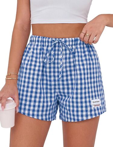 Quenteen Women's Boxer Shorts Summer Gingham Striped Drawstring Plaid Lounge Shorts Y2K Beach Bottoms in Saudi Arabia