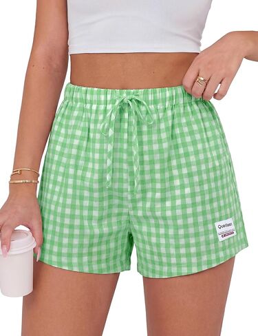 Quenteen Women's Boxer Shorts Summer Gingham Striped Drawstring Plaid Lounge Shorts Y2K Beach Bottoms in Saudi Arabia