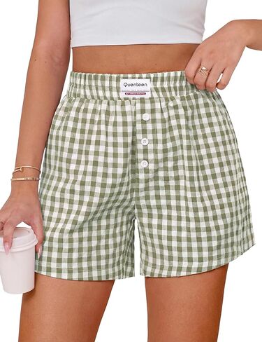 Quenteen Women's Boxer Shorts Summer Gingham Striped Drawstring Plaid Lounge Shorts Y2K Beach Bottoms in Saudi Arabia